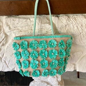 NWOT Summer tote in tan canvas with turquoise raffia and beaded flowers/handles